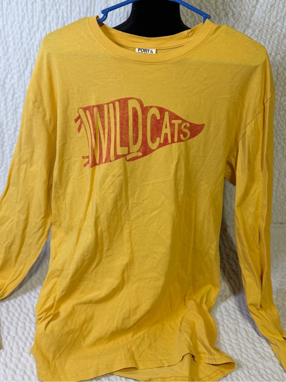 Port and Company Yellow 'WILDCATS' Long Sleeve Shirt with Red Graphic